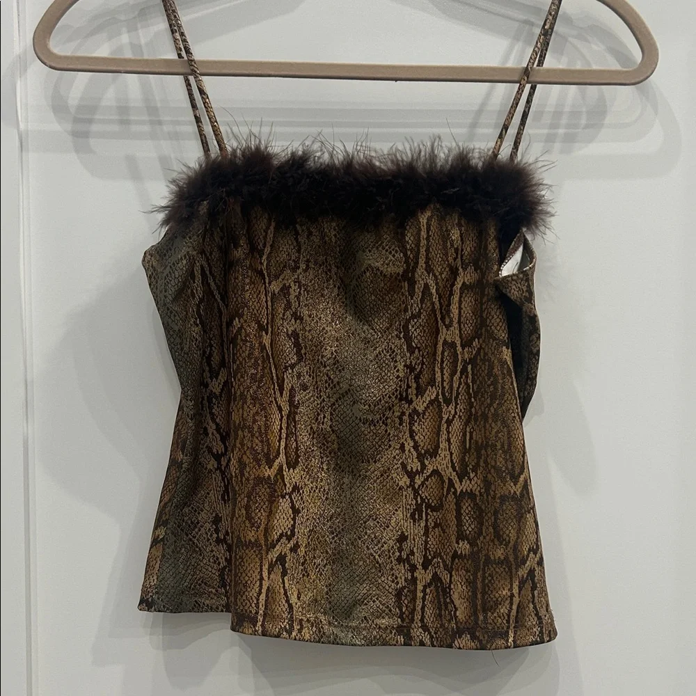 Snake-Print Brown Tank Top with Faux Fur Trim RAVE CITY - Picture 1 of 3